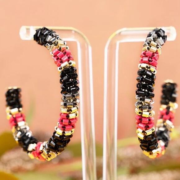 Red Black Seed Bead Wrapped Hoop Earrings - Picture 1 of 2